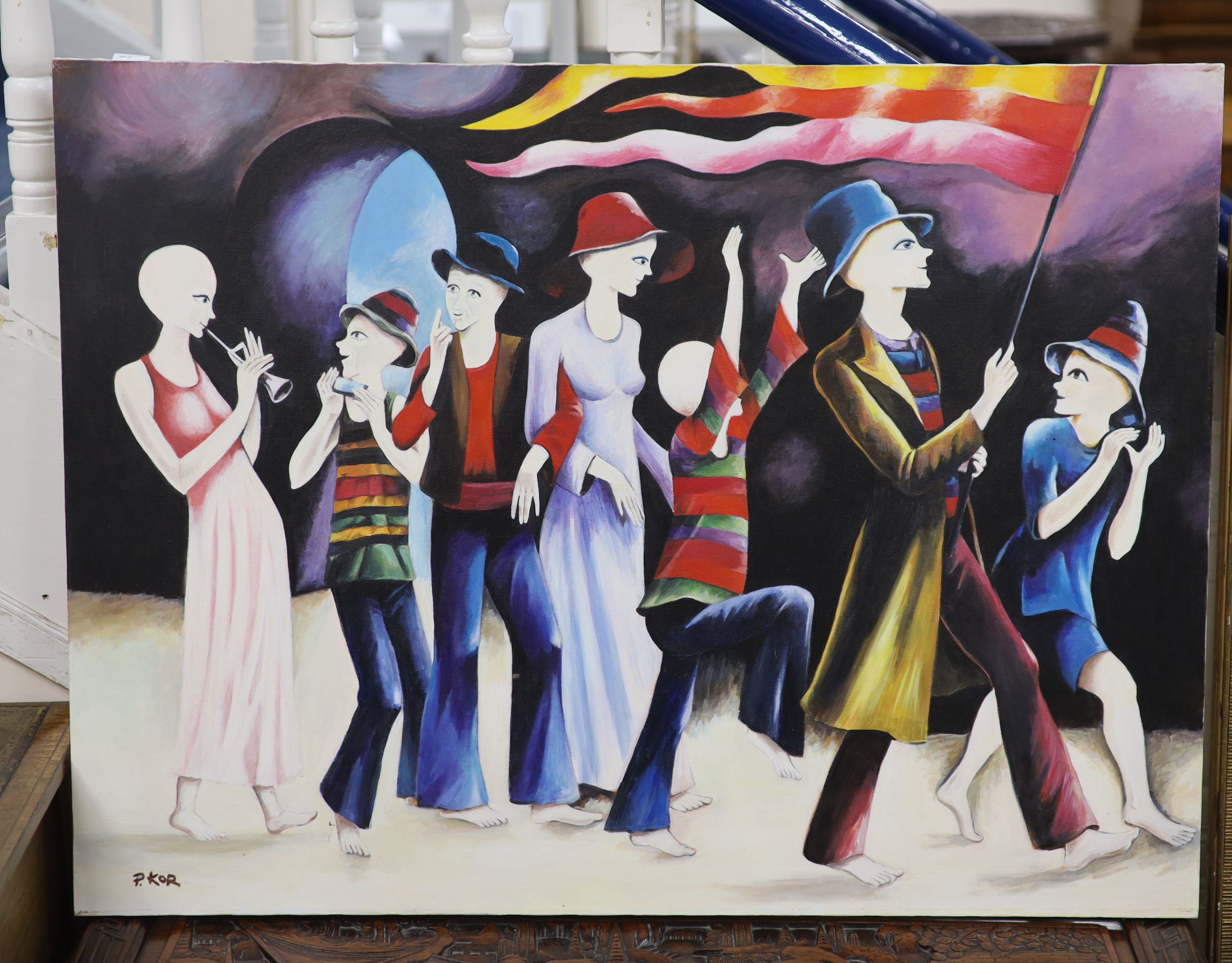 P. Kor, oil on canvas, Procession of figures, signed, 76 x 102cm, unframed